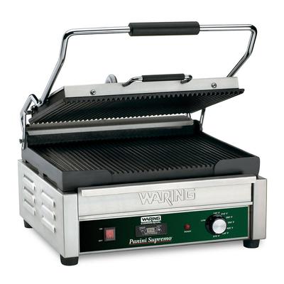 Waring WPG250TB Single Commercial Panini Press w/ Cast Iron Grooved Plates, 208v/1ph, 14.5" x 11" Cooking Surface, Stainless Steel