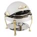 Bon Chef 12014 3 qt Round Chafer w/ Roll Top Lid & Chafing Fuel Heat, Stainless Steel with Gold Accents