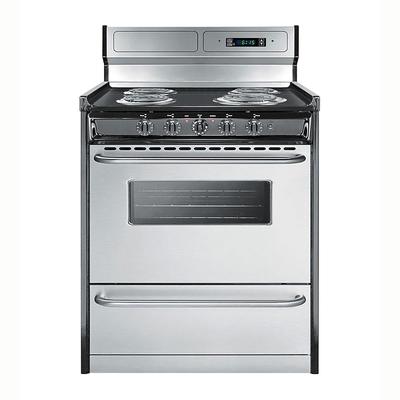 Summit TEM230BKWY 30" Stove w/ Digital Clock, Double Pane Window, Porcelain Top & Oven, 220v, Black, Silver