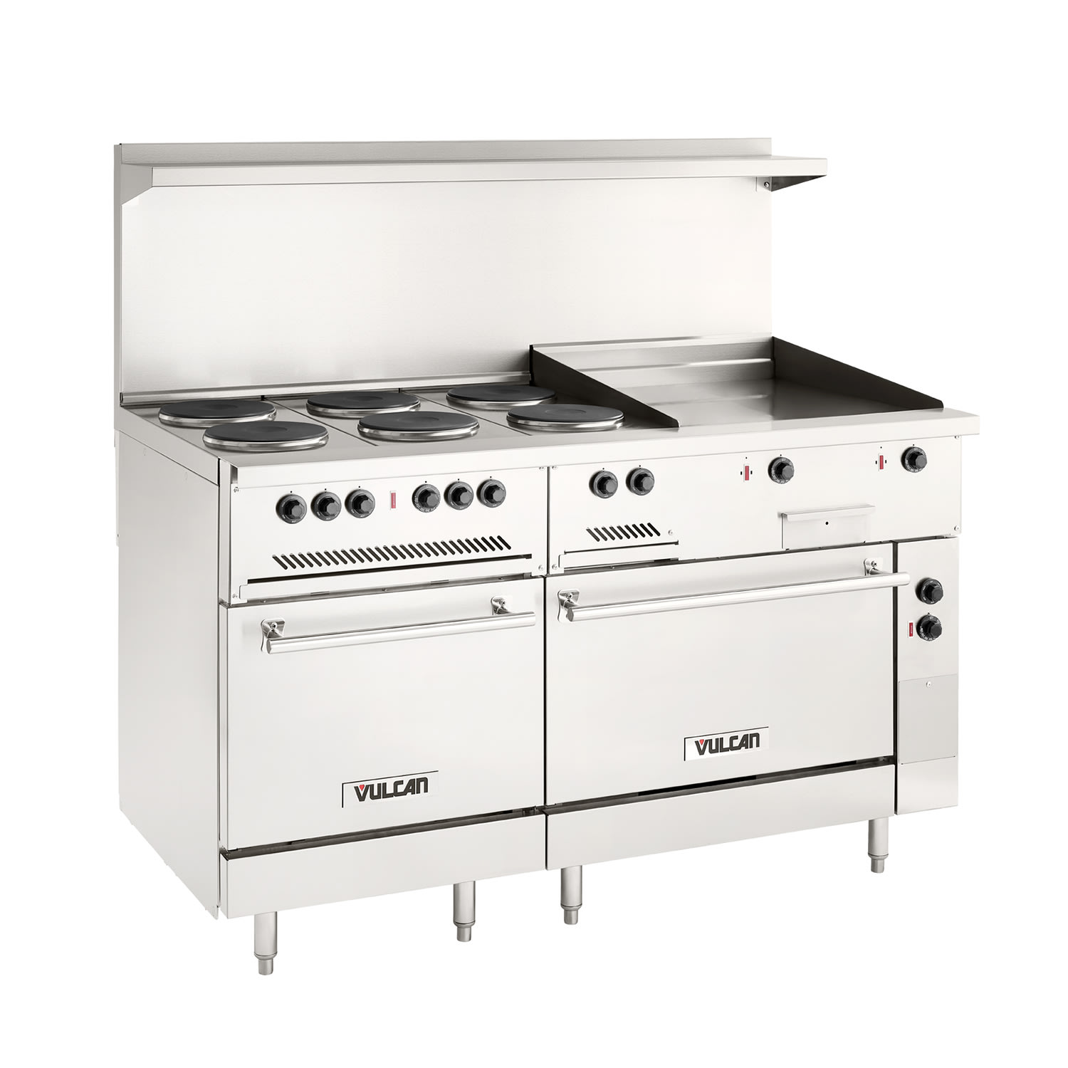 Vulcan EV60SS-6FP24G480 60" EV Series Commercial Electric Range w/ 6 French Hot Plates & 6 Griddle, 480v/1ph/3ph, Stainless Steel