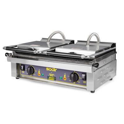 Equipex MAJESTIC G/G Double Commercial Panini Press w/ Cast Iron Grooved Plates, 208-240v/1ph, Grooved Cast Iron Plates, 21" x 9.5" Grill Surface, Stainless Steel