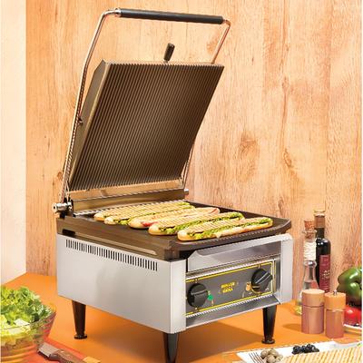 Equipex PANINIXL G/S Single Commercial Panini Press w/ Cast Iron Grooved & Smooth Plates, 208-240v/1ph, Grooved Cast Iron Plates, 14" x 14" Cooking Surface, Stainless Steel