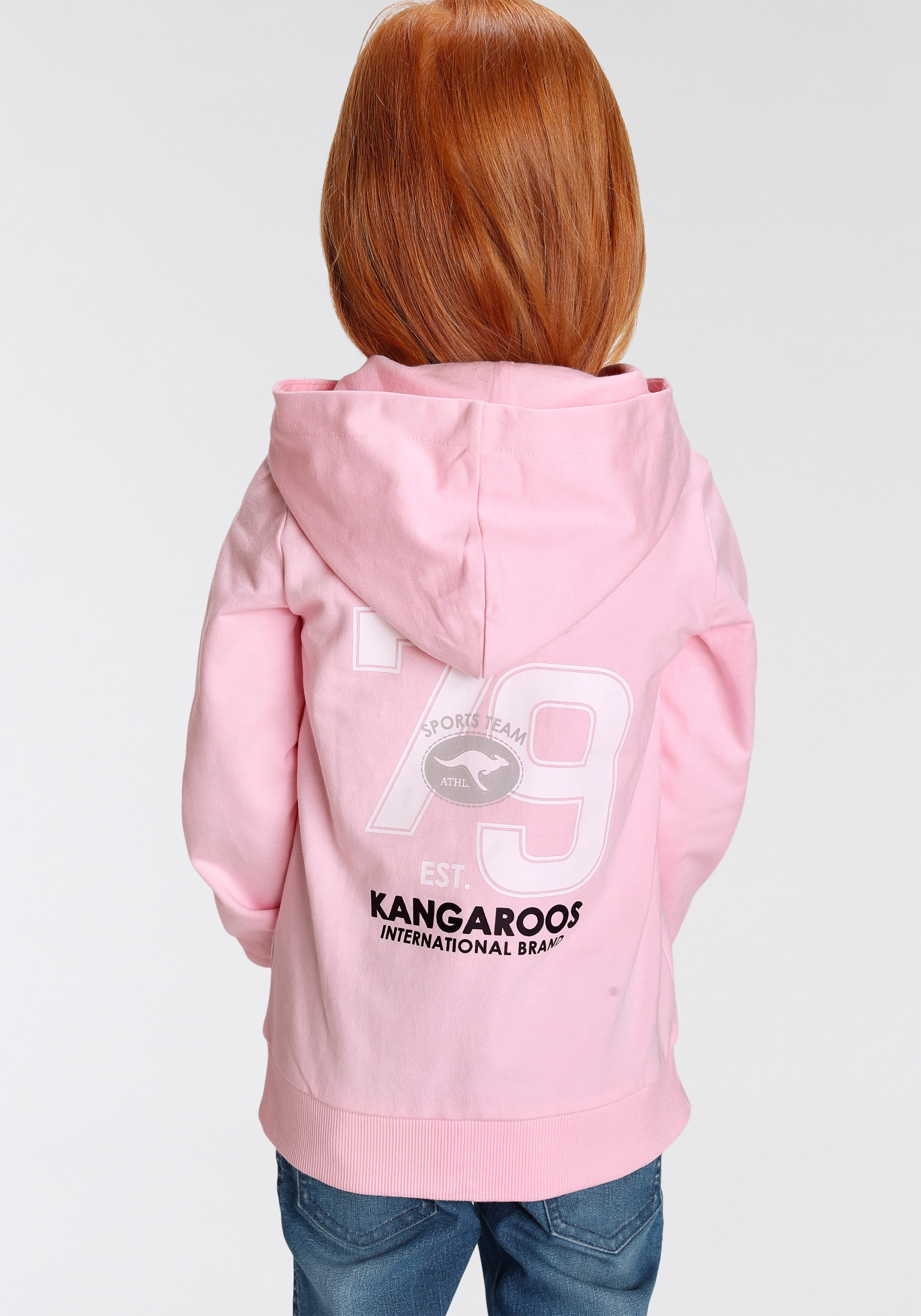 Kapuzensweatshirt KANGAROOS "Kleine Mädchen", Mädchen, Gr. 116/122, rosa, Sweatware, Obermaterial: 100% Baumwolle, bedruckt, Basic hüftlang, Bündchen, Sweatshirts, Langarm, hüftlange Basic-Passform, stylischer Druck Image
