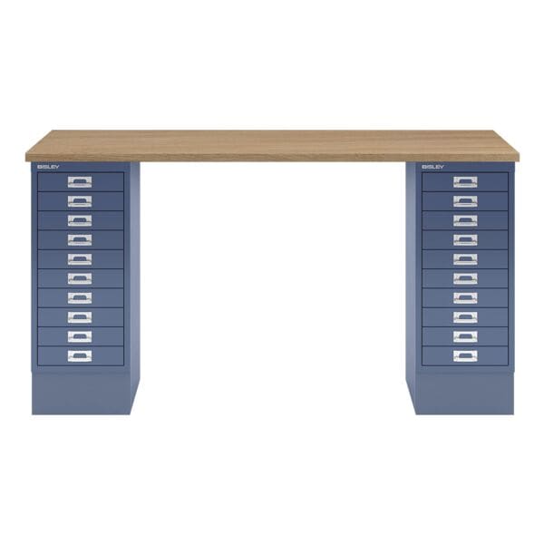 Bisley Schreibtisch »MultiRange« eichefarbene Platte 20 Schubladen blau, 140x74x60 cm Image