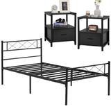 VECELO Industrial 3-Piece Bedroom Set Black Platform Bed Frame with Headboard and Modern Nightstand Set of 2