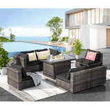 Grezone 7 Pieces Patio Outdoor Furniture Sets All Weather Wicker Sectional Sofa Couch Lawn Sectional Furniture with 43 55000BTU Gas Propane Fire Pit Table (Black)