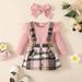 PatPat 3pcs Baby Girl Pink Romper and Suspender Skirt Set Long Sleeve Ribbed knit Jumpsuit with Plaid Dress Headband Fall Outfit Set Infant Girls Casual Button Down Overall Dress 0-18Month