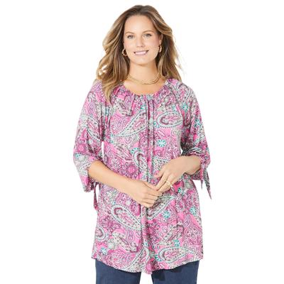Plus Size Women's Ruched Neck Tie-Sleeve Top by Catherines in Vintage Rose Outlined Paisley (Size 4X)