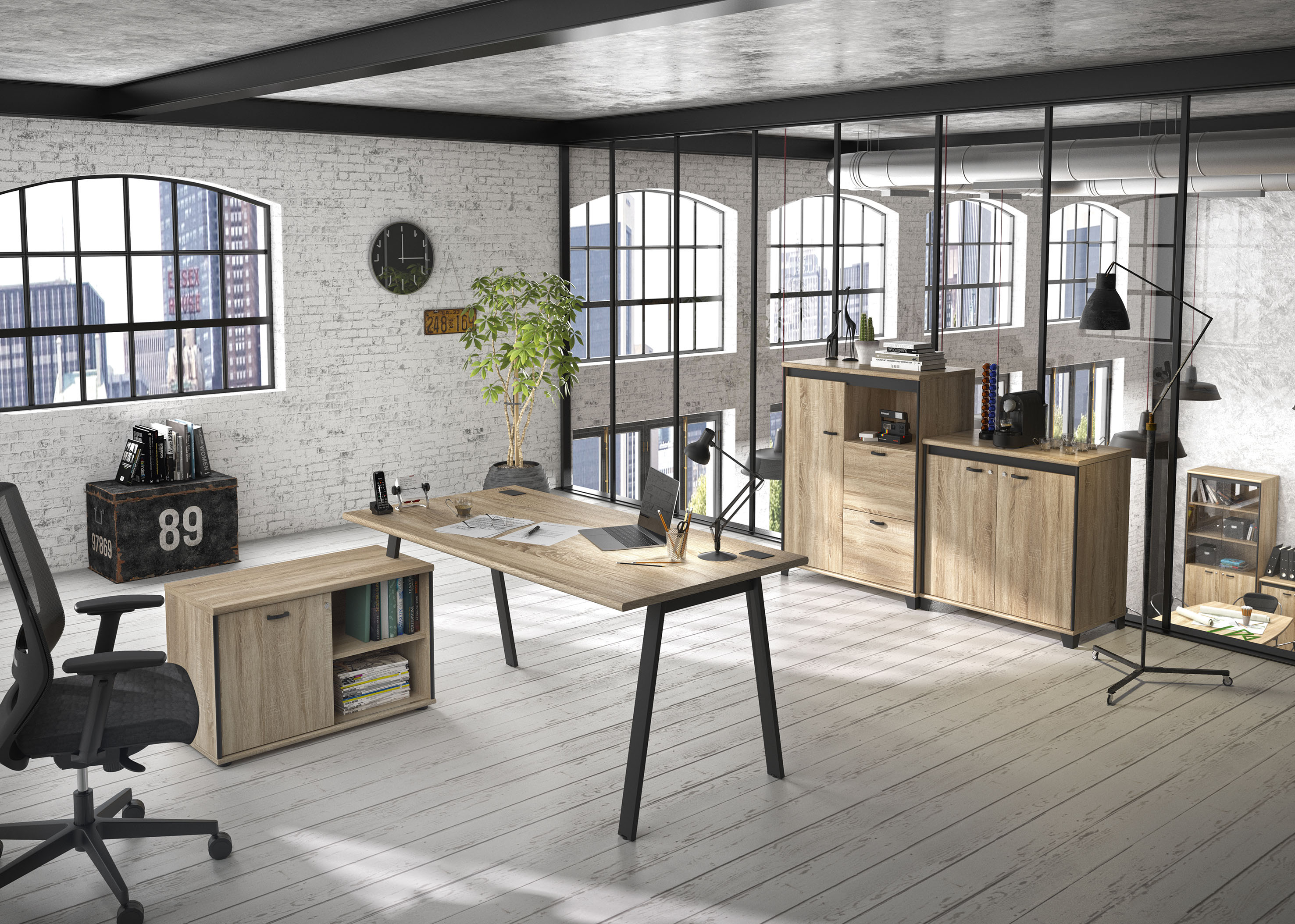 Eckschreibtisch GAMI "MAMBO", schwarz (eiche sonoma, schwarz, eiche sonoma), B/H/T: 160cm x 74cm, Korpus rechtsmontierbar, Tische, Eckschreibtisch