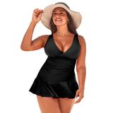 Plus Size Women's Plunge Ruffle Swimdress by Swimsuits For All in Black (Size 10)