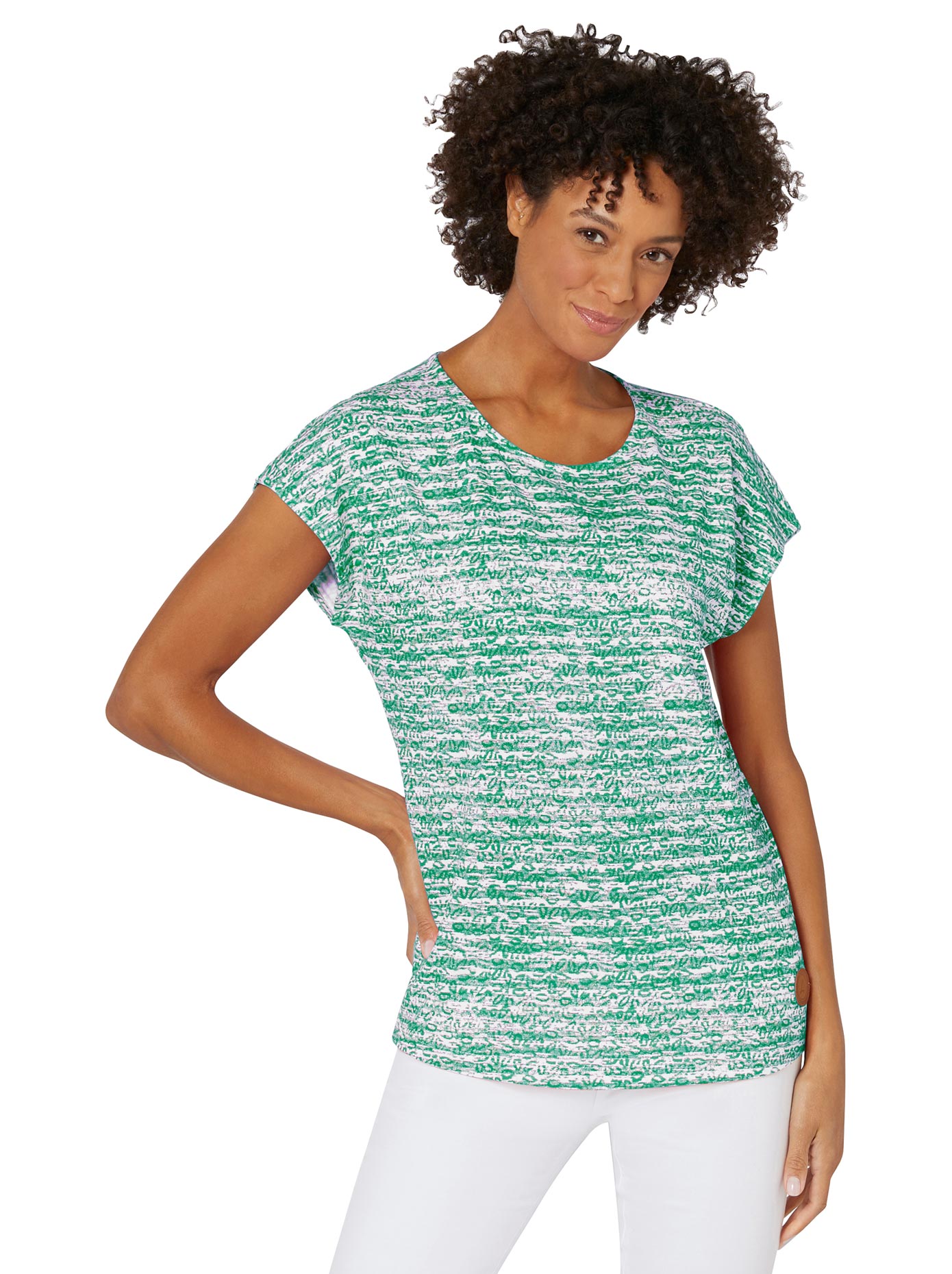 Kurzarmshirt CASUAL LOOKS "Shirt", Damen, Gr. 44, grün (grün, ecru, geringelt), 50% Baumwolle, 50% Modal, gemustert, mehrfarbig, Rundhals, Shirts