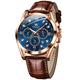 OLEVS Mens Leather Watches Chronograph Luxury Fashion Dress Analog Quartz Wrist Watch Luminous Waterproof Moon Phase Date, 2888:Brown leather strap&Blue dial