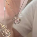 Collier pendentif coeur en cristal rose creux pour femme bijoux esthétiques mode coréenne argent