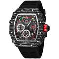 Gosasa Unique Men Punk Wristwatch Hollow Big Dial Luminous Waterproof Sport Analog Quartz Business Men's Watches Silicon Strap Dress Watch (Black Case - Red Strap), Textures Case - Black- Black Strap