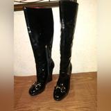 Gucci Shoes | Gucci Black Patent Leather Platform Round Toe Boots With Iconic Buckle. Size 8.5 | Color: Black/Gold | Size: 8.5