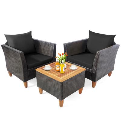 Costway 3 Pieces Patio Rattan Bistro Furniture Set with Wooden Table Top-Black