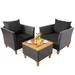 Costway 3 Pieces Patio Rattan Bistro Furniture Set with Wooden Table Top-Black