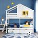 Playhouse Twin over Twin Wood Bunk Bed with 2 Drawers, 1 Storage Box, 1 Shelf, Openable Door Style Window and Inclined Ladder