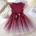 FZM Christmas Kids Toddler Children Baby Girls Bowknot Ruffle Short Sleeve Tulle Birthday Dresses Patchwork Party Dress Princess Dress Outfits Clothes