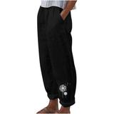Dadaria Linen Pants for Women High Waist Loose Cotton Linen with Pocket Printing Trousers Pants Black XL Female