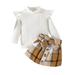JDEFEG New Born Baby Girl Clothes Toddler Girls Ruffles Long Sleeve Solid Ribbed T Shirt Tops Plaid Prints Bow Tie Skirt Outfits Baby Pant 6 Month Cotton Blend White 90