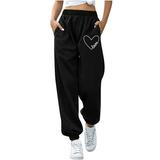 Dadaria Wide Leg Sweatpants Women Petite Ladies Elastic Ladies Waist Loose with Pockets Printed Pants Black XL Female