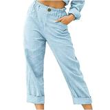 Dadaria Linen Pants for Women Beach Plus Size Solid Color with Pockets Buttons Elastic Waist Comfortable Straight Pants Sky Blue XXL Female