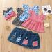 JDEFEG Cute Girls Clothes for Teens Girls Denim Toddler Tops+Ripped Outfits Ruffled Floral Baby Summer Button Shorts Girls Outfits&Set Cute Baby Clothes Uncles Cotton Blend Blue 120