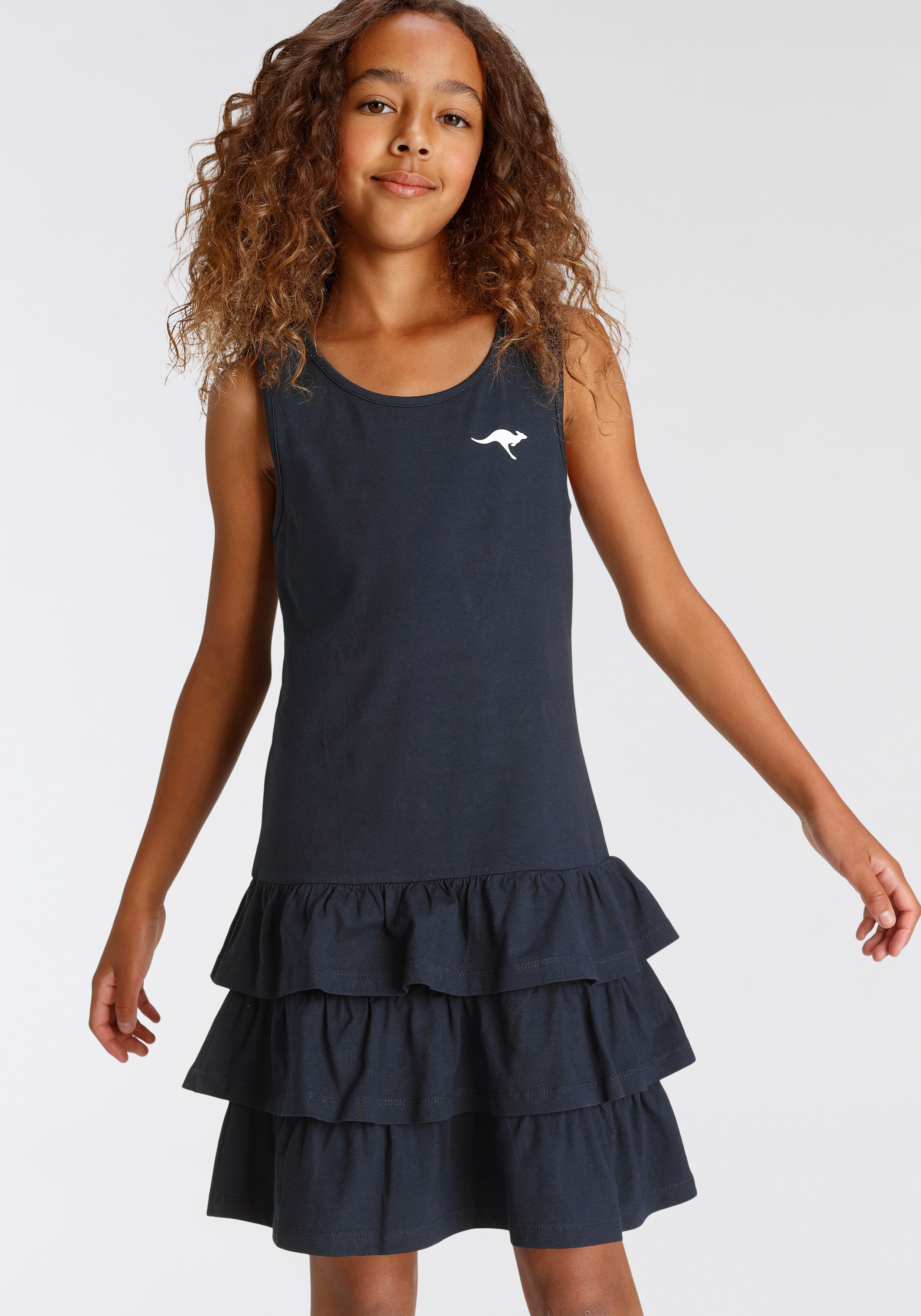 Jerseykleid KANGAROOS, Mädchen, Gr. 152/158, N-Gr, blau (marine), Jersey, Obermaterial: 95% Baumwolle, 5% Elasthan, bedruckt, unifarben, tailliert kniefrei, Rundhals, Kleider, kniefreie Länge, aus Baumwolle und Elasthan Image