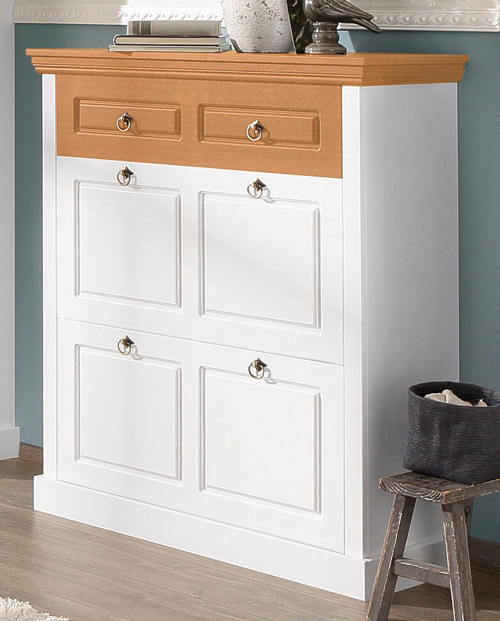 Schuhschrank HOME AFFAIRE "Basilico", weiß (weiß, honig, honig), B:90cm H:109cm T:38cm, Massivholz, Schränke, Schuhschrank, aus massiver Kiefer, FSC, Breite 90 cm, mit Schublade, Kassettenoptik