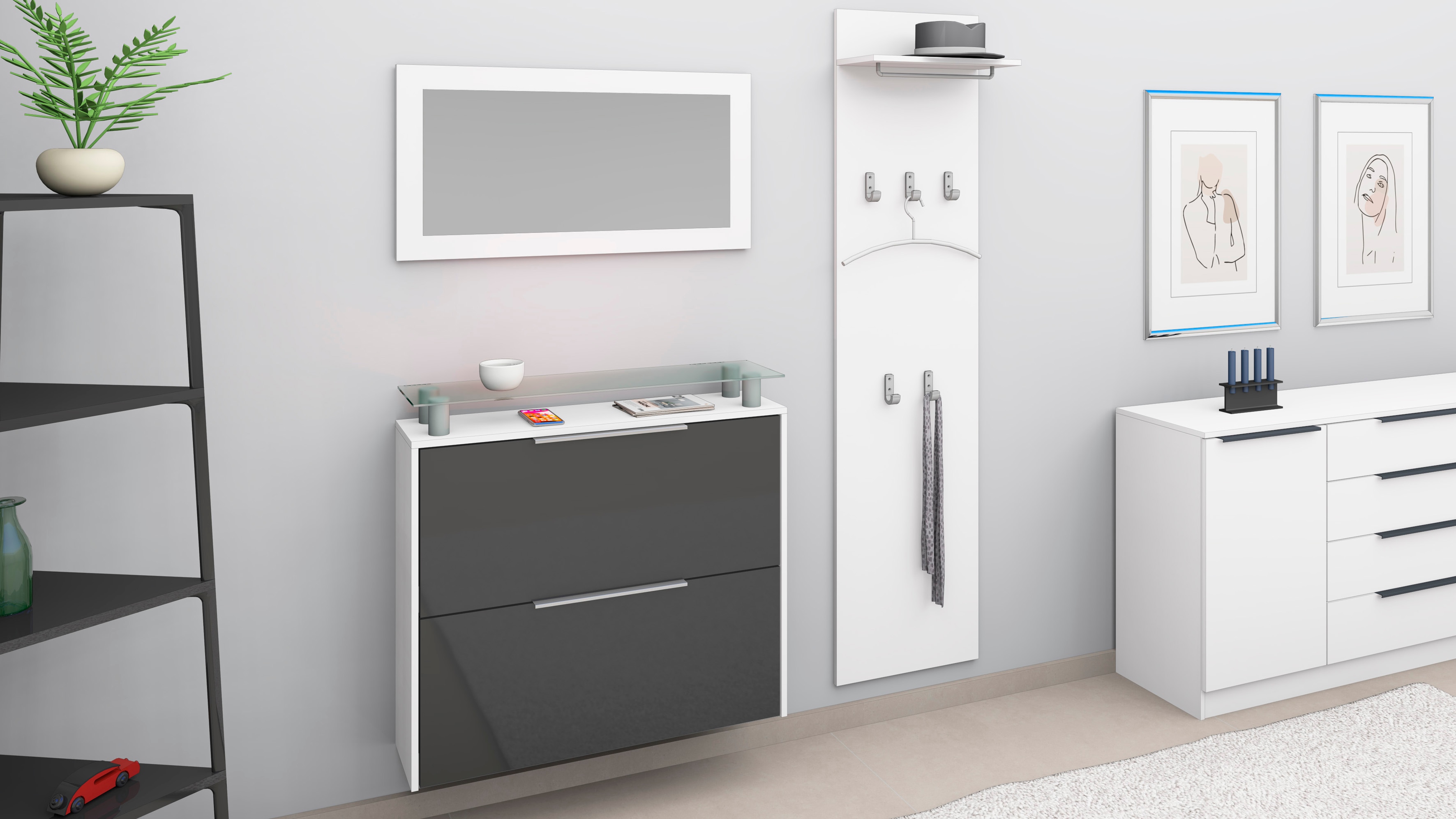 Garderoben-Set BORCHARDT MÖBEL "Rena 2, (3-tlg.)", weiß (weiß, graphit glänzend), Kastenmöbel-Sets, mit Glasablage