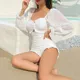 VIGOCASEY − Maillot de bain blanc une pièce sexy manches longues style coréen taille haute