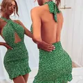 Dourbesty-Robe sexy à imprimé floral pour femmes col licou évider dos nu vintage mini robe de