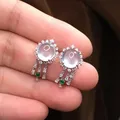 Boucles d'oreilles rondes en argent incrustées de diamants pour dames calcédoine naturelle rétro