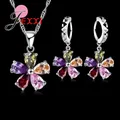 Ensembles de bijoux pendentif en cristal coloré CZ pour femmes fleurs à cinq pétales collier