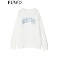 PUWD-Pull à Manches sulfet Col Rond pour Femme et Fille Chandail Rétro Imprimé New York Blanc