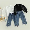 Ensemble de pantalons en Denim pour bébés filles T-shirt à manches longues en Patchwork de fleurs