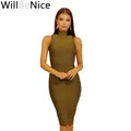 WillBeNice-Robe bandage fendue longueur genou pour femme robe à col roulé vert armée célébrité