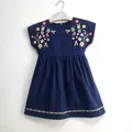 Robe de princesse en coton pour petite fille tenue brodée bleue pour fête d'anniversaire