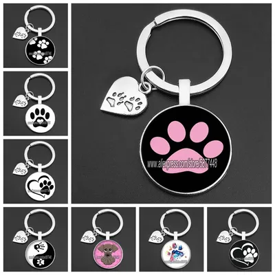 Porte-clés en verre avec empreinte de patte d'animal joli pendentif I Love Cat and Dog clé de