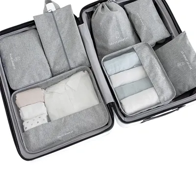 Valise grise pour hommes ensemble de 7 pièces organiseur de voyage pour vêtements chaussures