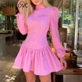 Robe rose à volants pour femmes col montant manches longues boutons Barbie