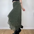 Jupes mi-longues taille haute en mousseline de soie à volants grunge pour dames vêtements verts