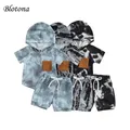 Blotona 2Pcs Infant Pants Set Boys Contrast Color Short Sleeve Hooded Pullover Tops+ Drawstring