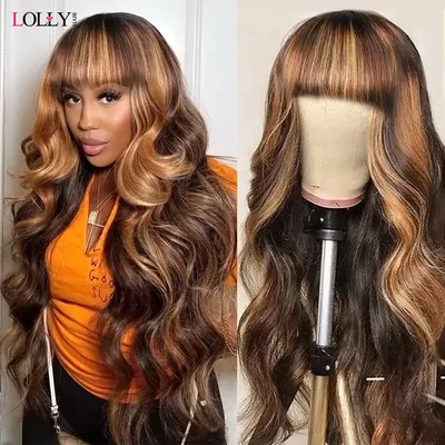 Perruque Body Wave Brésilienne Remy avec Frange pour Femme Cheveux Naturels Blond Miel Brun à