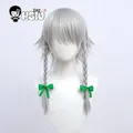 Izayoi – perruque de Cosplay Sakuya cheveux courts double tresse argent et blanc bonnet gratuit