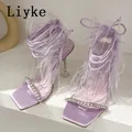 Liyke – sandales à talons hauts avec plumes bleues pour femmes chaussures d'été à bout ouvert