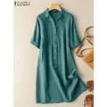 ZANZEA-Robe de plage mi-longue à manches courtes pour femmes vintage col à revers boutons