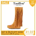 TAOFFEN mode Nation chinoise Style troupeau en cuir femmes à franges talons plats bottes longues