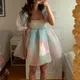 Robe de princesse en Tulle pour femmes manches bouffantes col carré maille à volants Mini robe